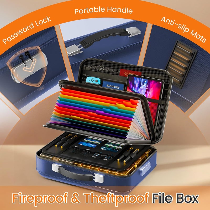 GOELF Fireproof Document Box with Lock, 5200°F Fireproof Water Resistant Hard Case File Organizer Safe Box for Important Documents, Certificates, Laptop, Passports (Blue) - Image 4